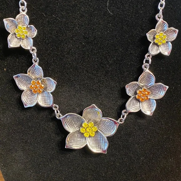 Floral Silver Necklace with Yellow & Orange Accents - Picture 2 of 3